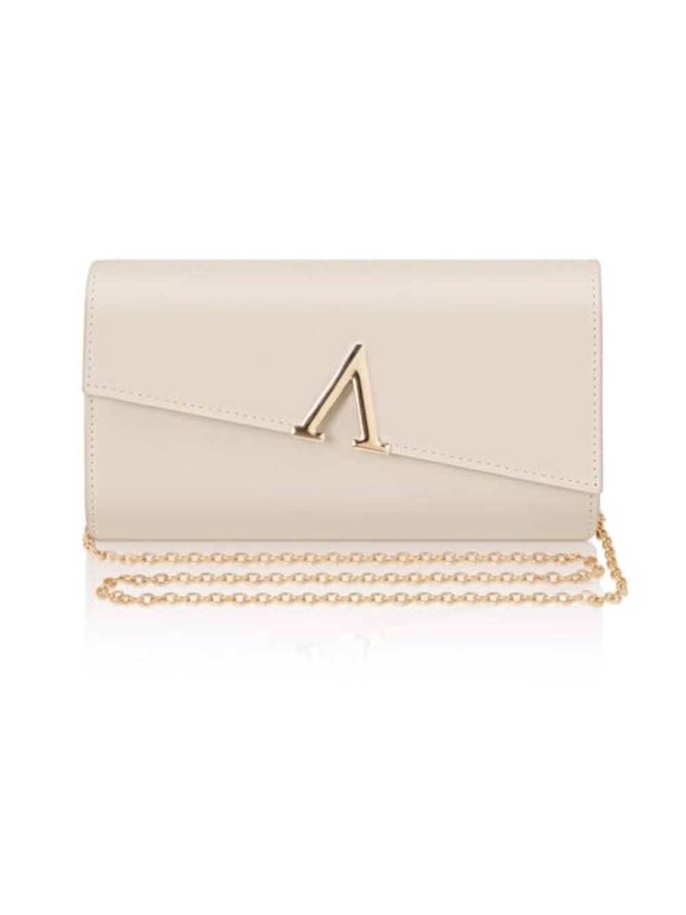Faux Leather Clutch Evening Bag with 2 Chain Straps V-Shaped Metal Accent